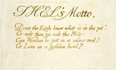 Thels Motto..., deska 1 z The Book of Thel, 1789 (ručně kolorovaný reliéfní lept perem a wc na papíře) od William Blake